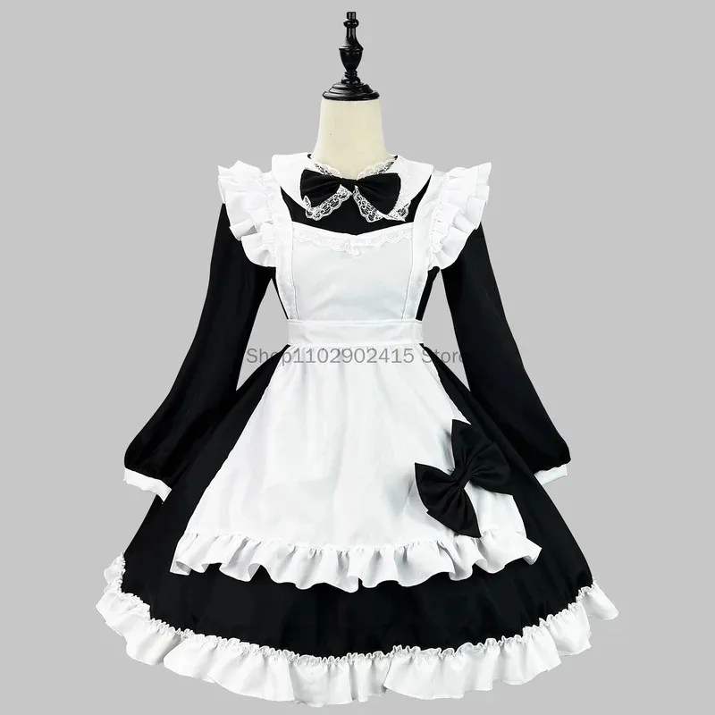 

Japanese Maid Cosplay Cute Lolita Party Dress Black White Long Sleeve Classic Apron Maid Role Play Waitress Cross Dressing S-5XL