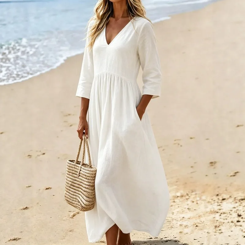 Europäisches und amerikanisches Frühjahr/Sommer-Kleid aus einfarbigem Baumwoll-Leinen mit V-Ausschnitt und Dreiviertelärmeln, langes Urlaubskleid für Damen