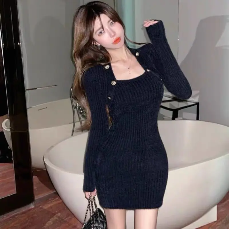 Winter Elegant Knitted Dress Women French Patchwork Vintage Party Mini Dress Female Korean Fashion Chic Sweater Dress Cute New