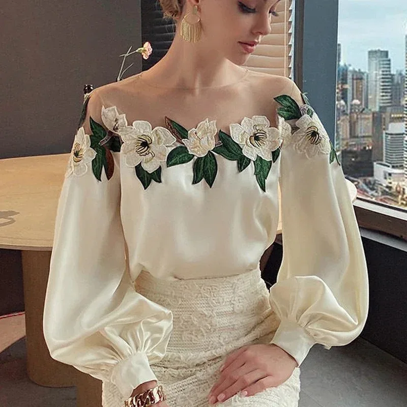 Elegant Mesh Patchwork Satin Blouse O-neck Tops Vintage Embroidered Shirt Spring Autumn Long Lantern Sleeve Women Clothes 24976