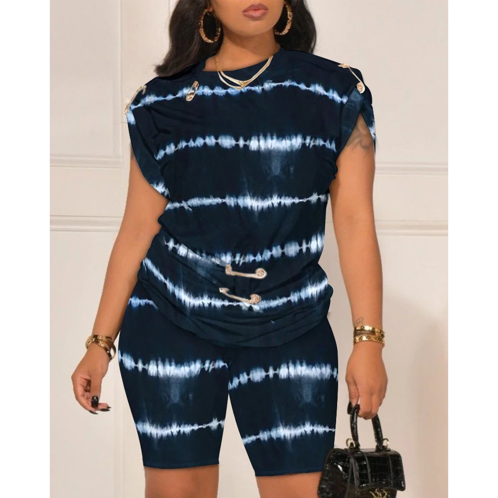 Conjunto de shorts de duas peças de cintura alta, estampado diário Tie Dye, azul marinho, plus size