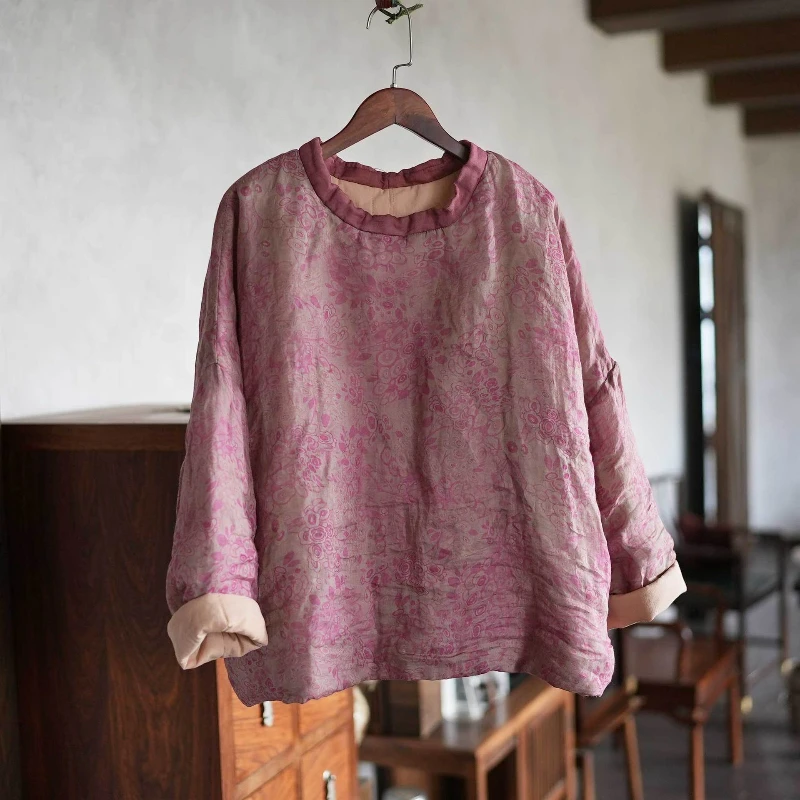 الرجعية الأزهار المطبوعة س الرقبة المرأة بسيطة السببية كل مباراة كاريكاتير بلوزات الإناث القطن مبطن الملابس الشارع ارتداء البلوز