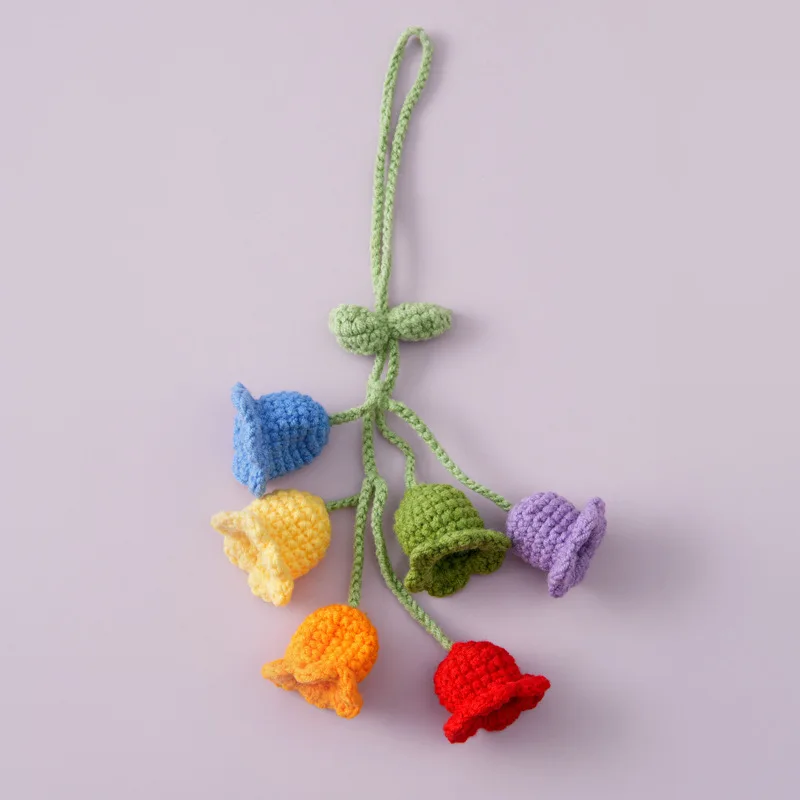 Crochet Rainbow Color Lily Pendant Hook Woven Creative Knitted Bag Decoration Gift  DIY Car Pendant One Leaf With 6 Flowers