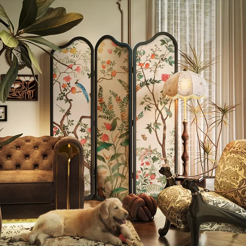 for French Folding Mobile Screen Partition for Living Room Porch Household Sofa Balcony Cover Decoration Bedroom Bedside