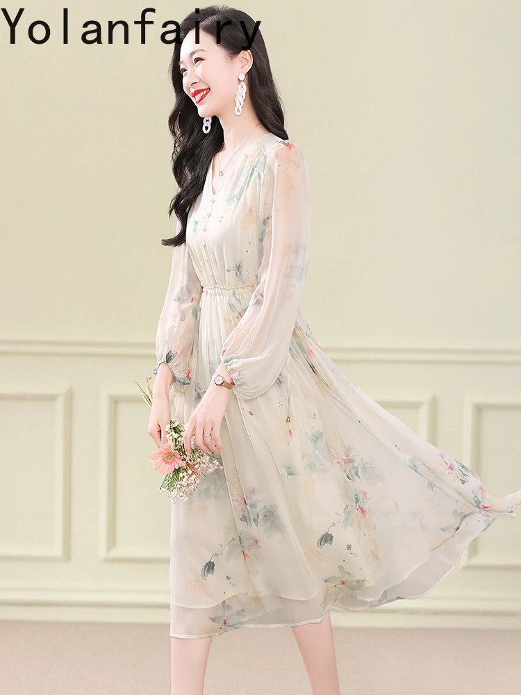 YOLANFAIRY فستان حريري حقيقي المرأة أوائل الخريف أنيقة الأزهار طباعة فساتين 100% التوت الحرير الخامس الرقبة محدبة الخصر فستان الموضة
