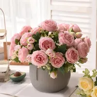 30cm Rose Pink Silk Bouquet Peony Artificial Flower 5 Big Head 4 Small Bud Bride Wedding Home Decoration Artificial Flower 2