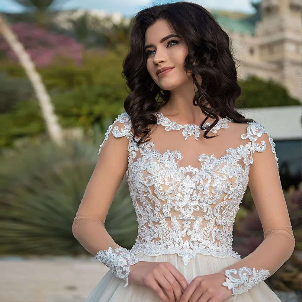 Vestido de novia personalizado con cuentas y lentejuelas, vestido de fiesta de princesa, bata de manga larga, vestido de novia con botones y cuello redondo