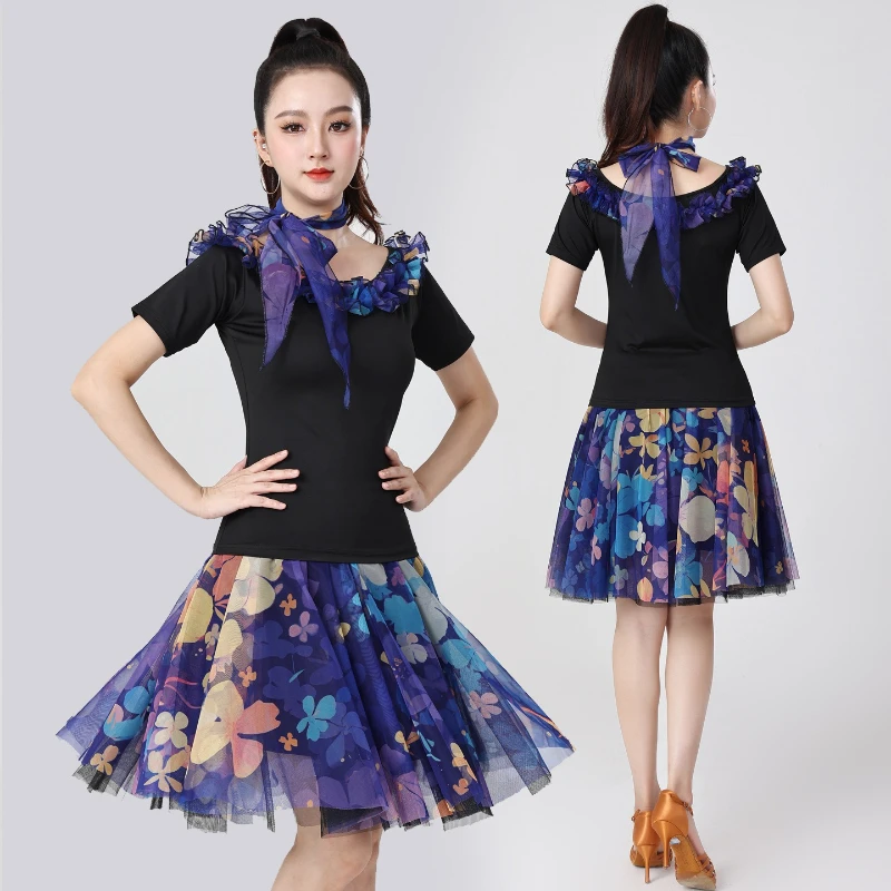 

Модная и универсальная летняя одежда для латинских танцев для взрослых женщин, трехступенчатая ча-ча, современные бальные танцы, полная юбка с принтом