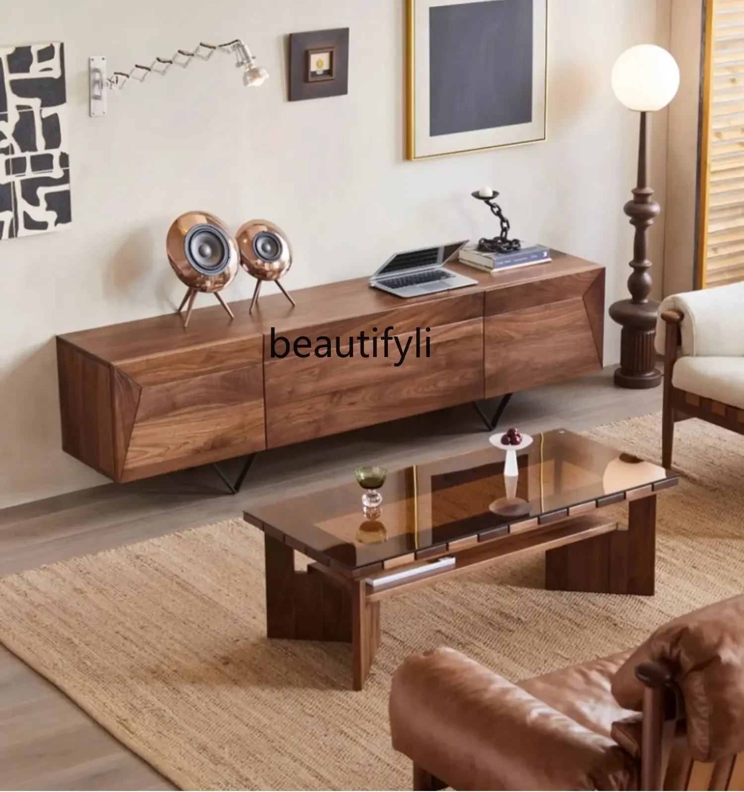 LD25North America Imported Black Walnut Small Apartment Coffee Table Solid Wood Glass Rectangular Double Layer