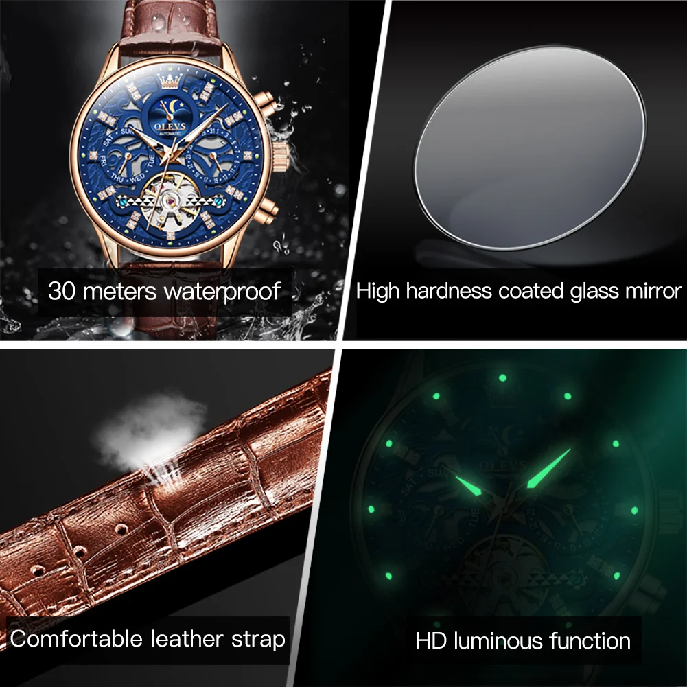 OLEVS 6658 Original Brand Automatic Watch for Men Hollow Out Noctiucent Skeleton Top Luxury Fashion Moon Phase Men's Wristwatch