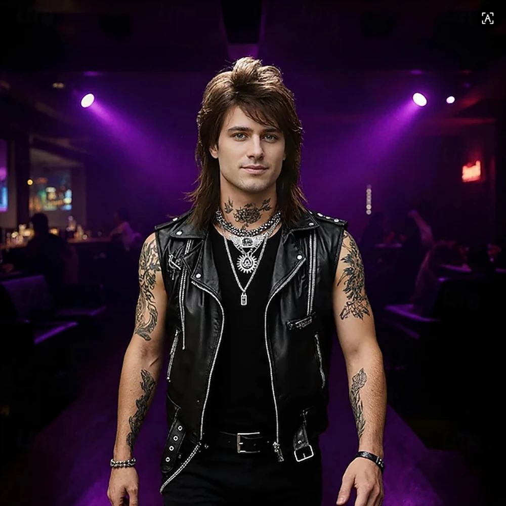 Synthetisches Haar Herren 80er Jahre Rock Mullet Perücke Braune Retro-Frisur für Cosplay Party Vintage Mode – Detail 3
