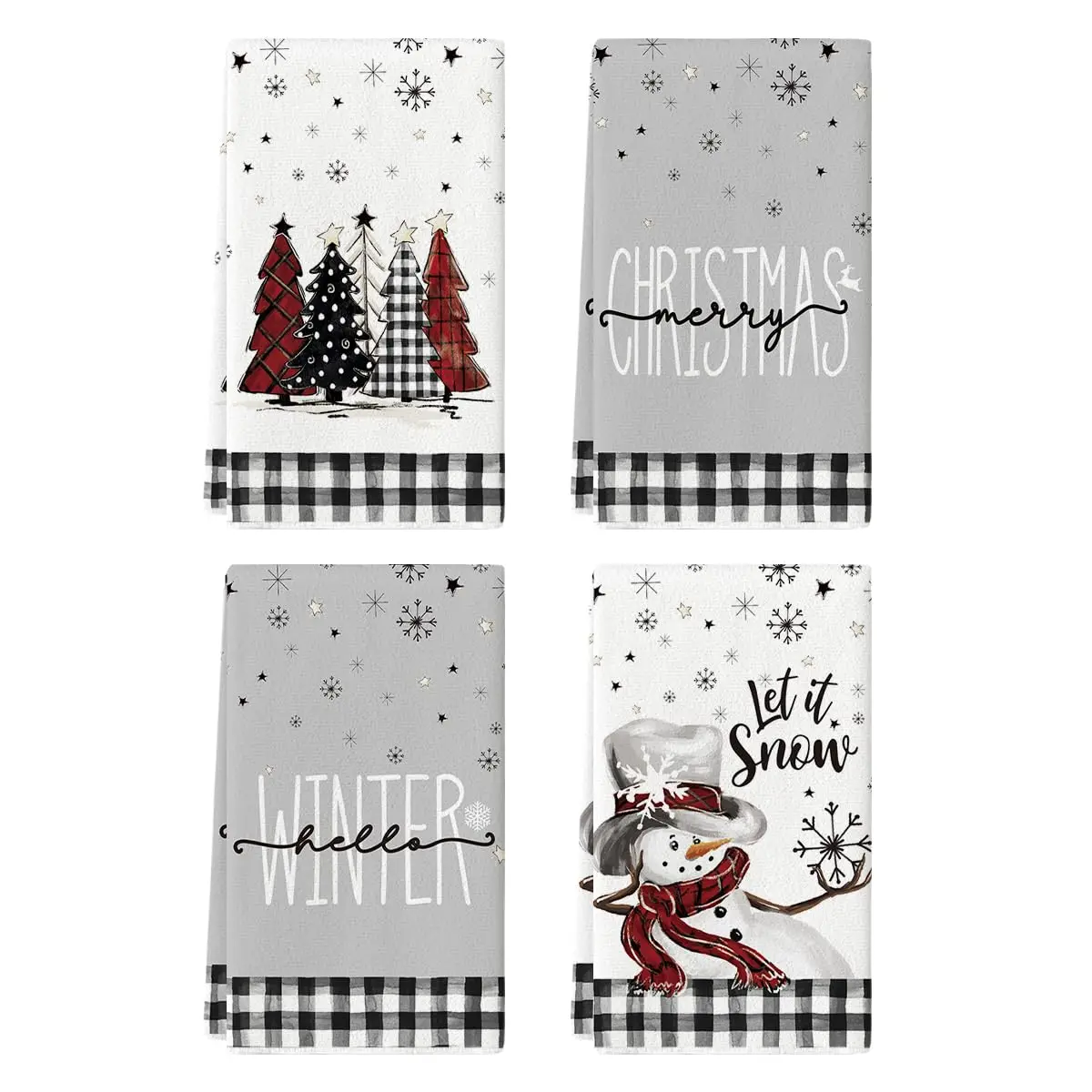 

Christmas Kitchen Dish Towels, Black and White, Plaid, Snowman, Xmas Trees, Daily Decor, Decor, Hand, Set of 4, 16x19 Inch