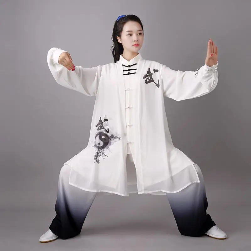 

2024 new chinese style tai chi costume eight diagrams printing gradient three piece set unisex tai chi kungfu performance outfit