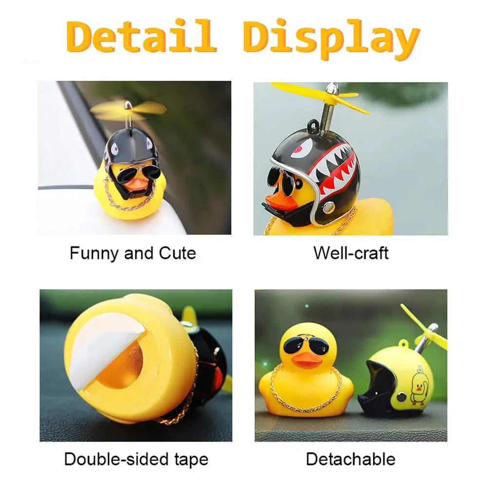 Rubber Duck Car Ornaments, 2Pcs Yellow Duck Car Dashboard Decorations Squeeze Duck Bicycle Horns with Propeller Helmet