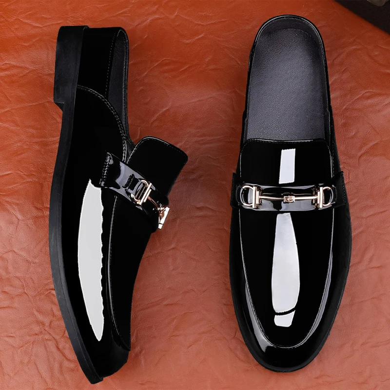 Men Luxury Designer patent Leather Mules Male Summer Fashion Casual Breathable Comfy Sandals Open Back Low-heel Slippers