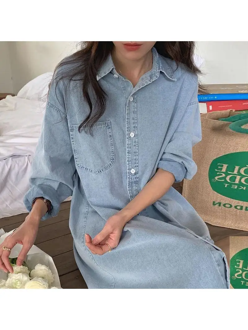 Robe en Denim pour femmes, simple boutonnage, col rabattu, poches solides, boutons, manches longues, ample, couleur unie, High Street