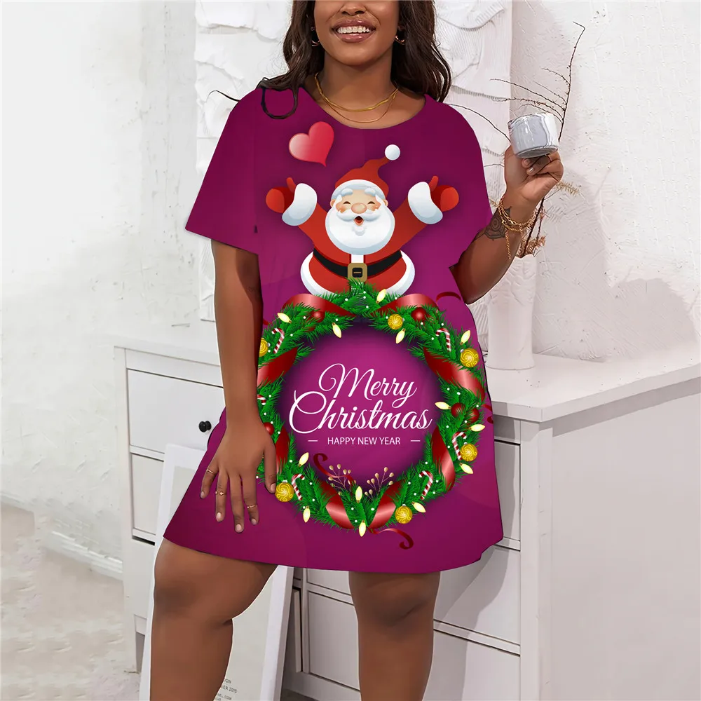 Winter Christmas Tree Party Mini Dresses For Women 2024 New Casual 3D Printed Short Sleeve A-Line Dress Plus Size Loose Clothing