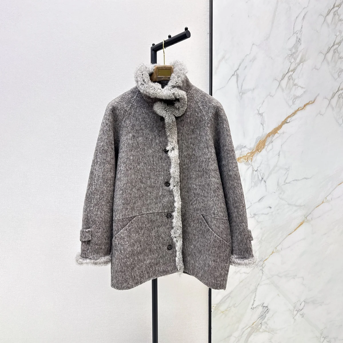 2026 High Quality Ladies Korean Style Double Faced Wool Blend Stand Collar Coat26102069