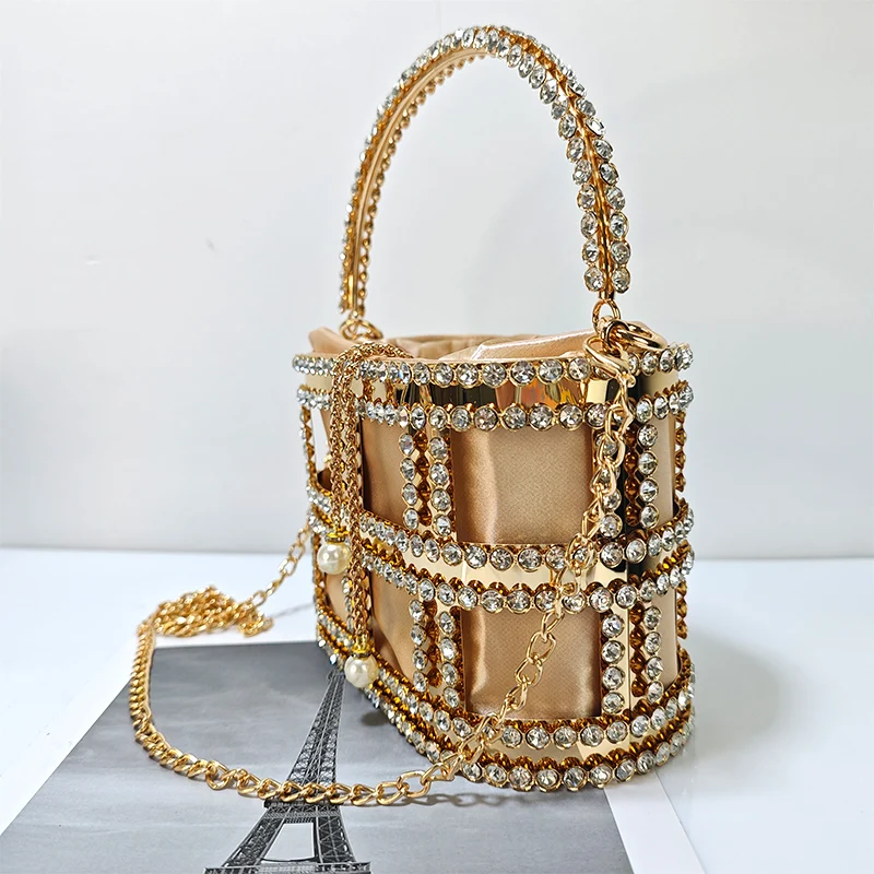 JIOMAY Bucket Bag Luxury Women Ladies Evening Wedding Purse Rhinestone Clutch Bag Luxury Designer Handbag Metal Bucket Tote Bag