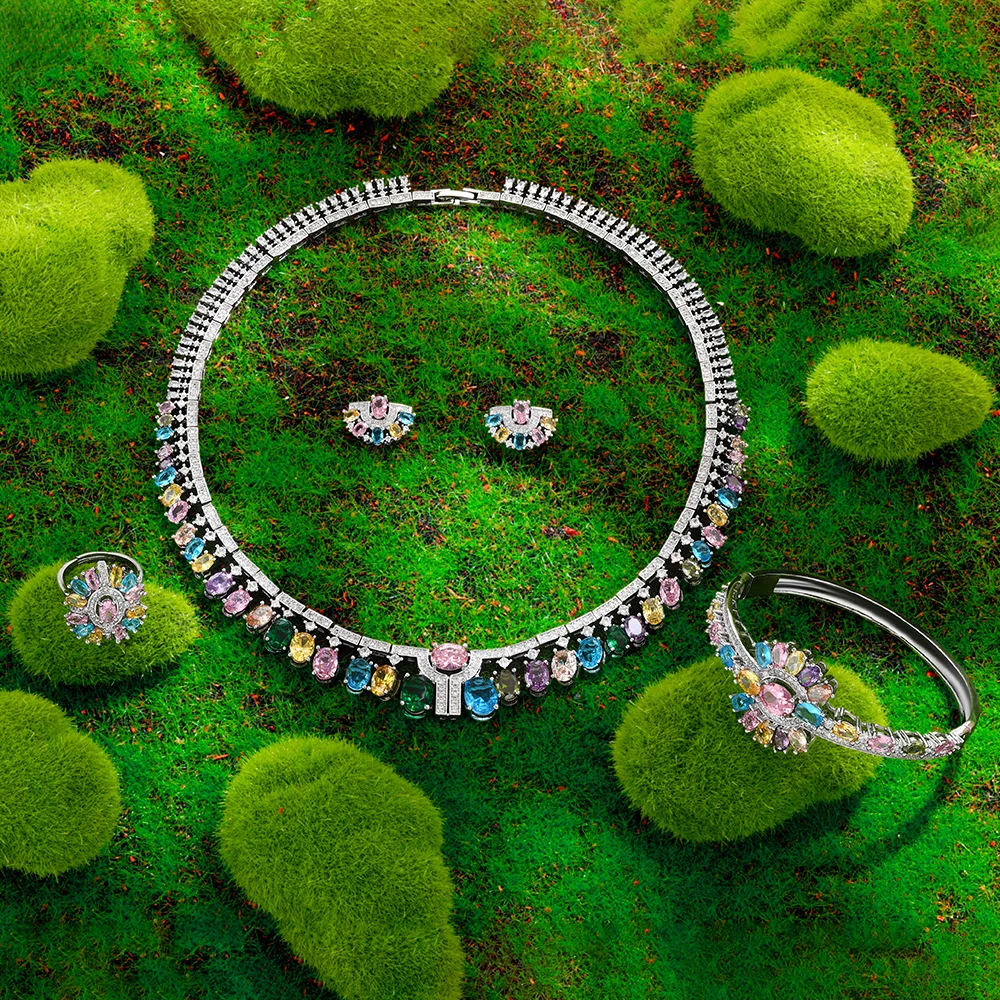 Charm Women Bridal Jewelry Set Copper Micro Inlaid Colorful Full Zircon Necklace Earrings Ring Bracelet Christmas Gift Accessory