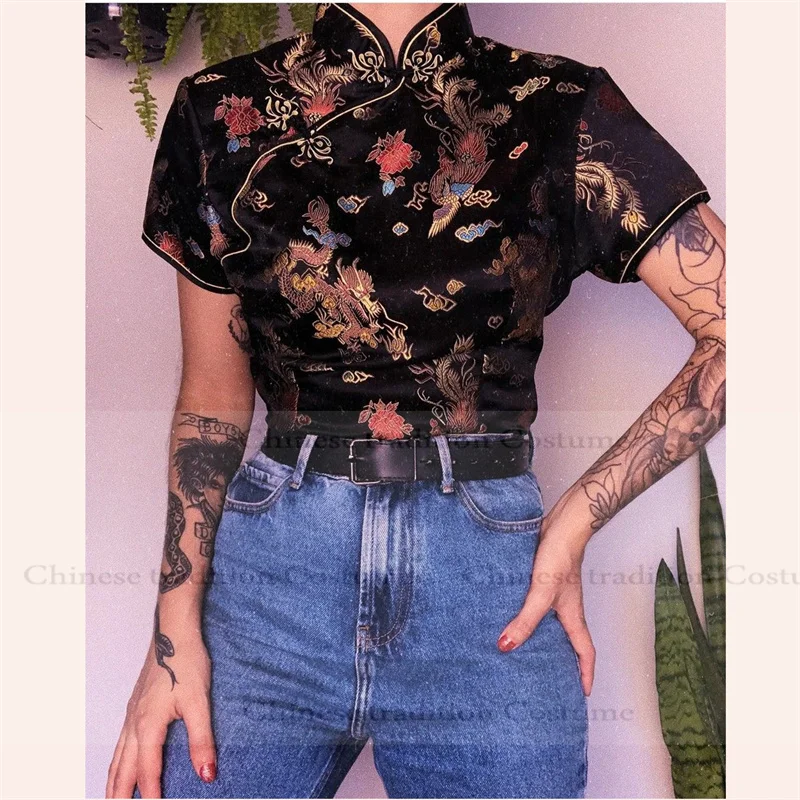 

Black Qipao Top Chinese Style Shirt Jacquard Flower Blouse Chesongam Clothes Women Fashion Hanfu Top Chinese Clothing Plus Size