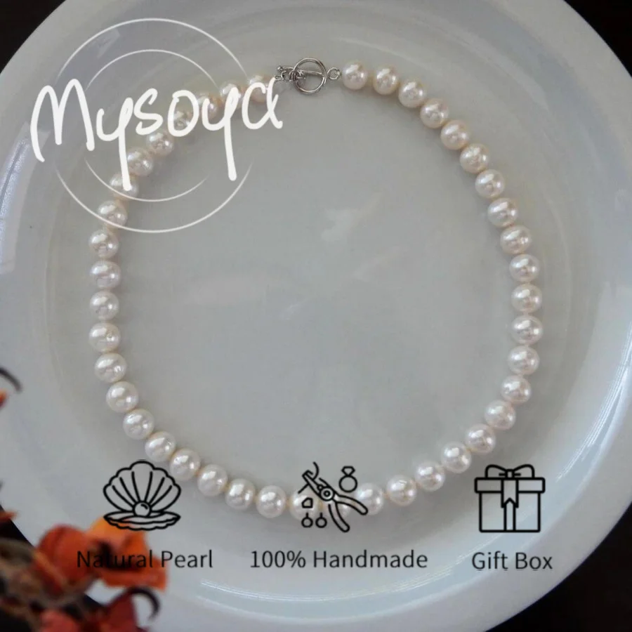 

MYSOYA Freshwater Pearl Necklace 9-10mm Pearls, with Gift Box, Birthday Gift, Wedding Jewelry, Gift for Him/ Her