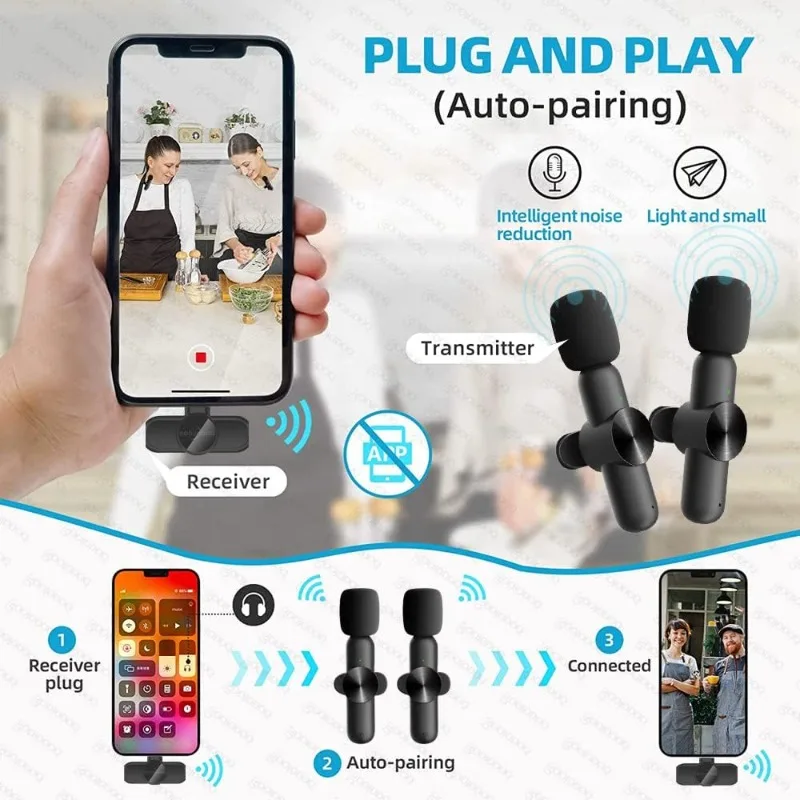 Micrófono de solapa inalámbrico para iPhone, iPad, grabación, transmisiones en vivo, YouTube, Facebook, reducción de ruido, sincronización automática 2