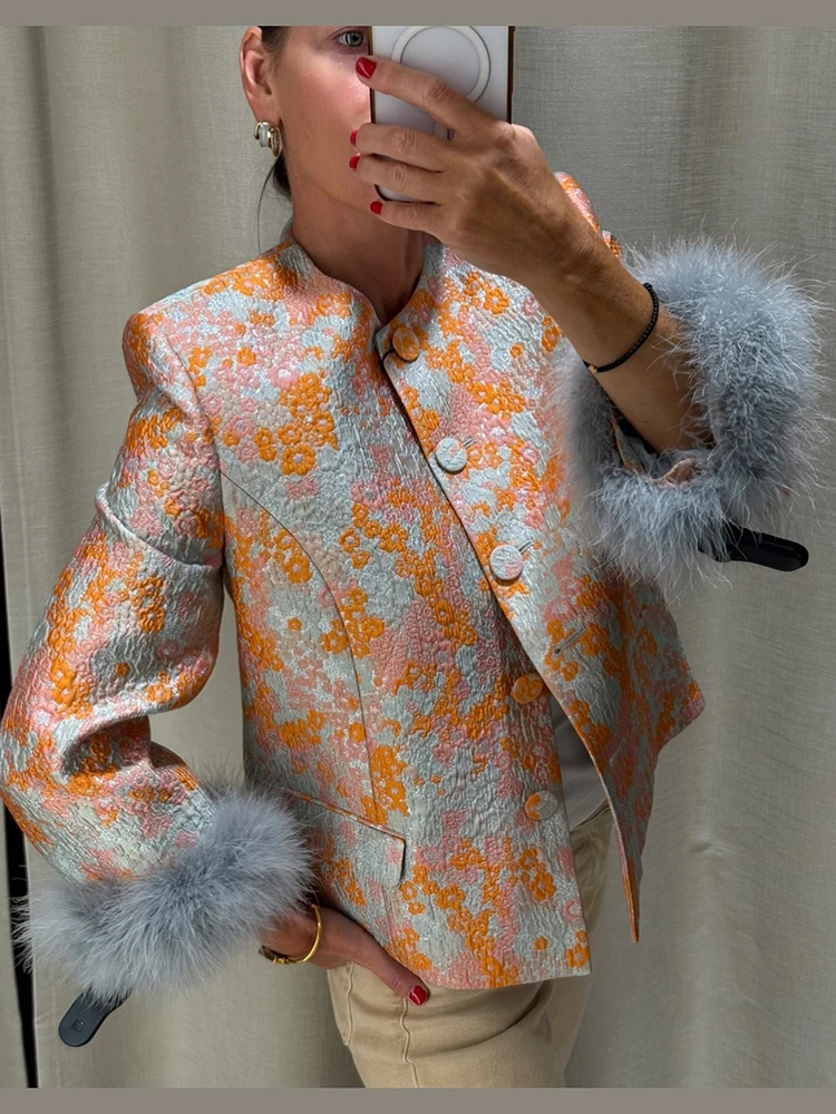 Jacquard Texture Short Coat Chic Floral Pattern Faux Fur Cuff Design 2026 Autumn New Elegant Women Banquet Party Trendy Outfit