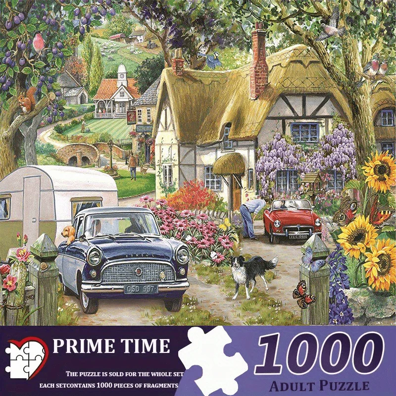 Rompecabezas grande, escena de campo inglés vintage con coches clásicos de cabaña y girasoles, rompecabezas desafiante de 1000 piezas, 27.