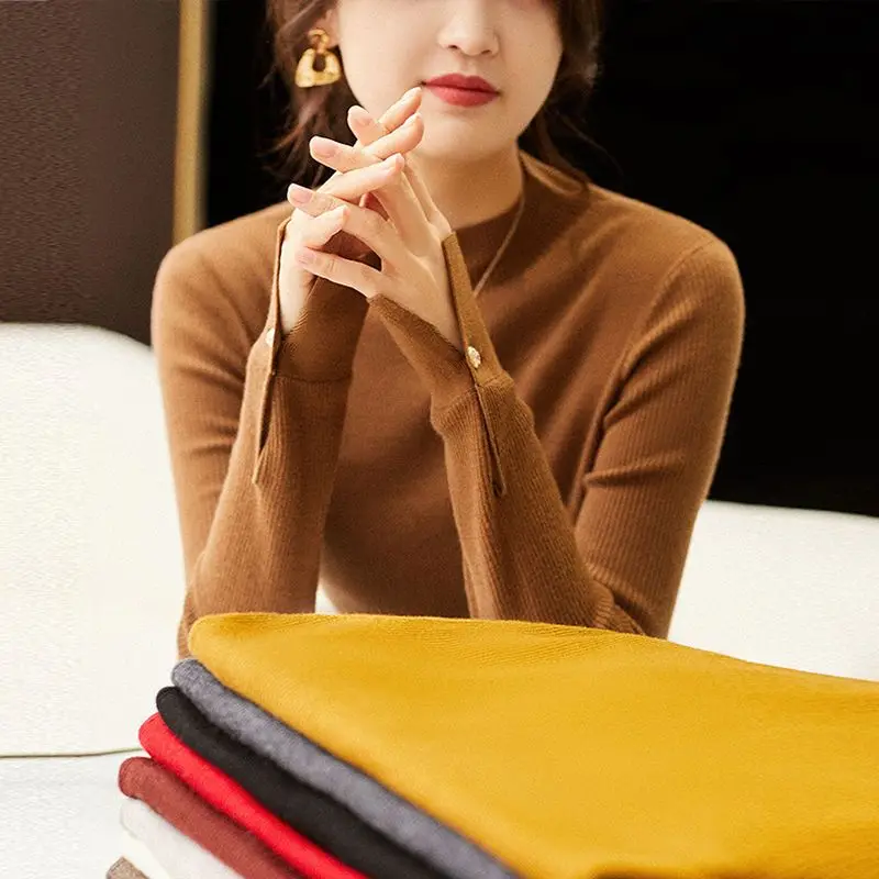 

Temperament Sweet Autumn Winner Bottoming Shirt Sweaters Women Solid Mock Neck Button Long Sleeve Loose Pullovers Knitted Tops