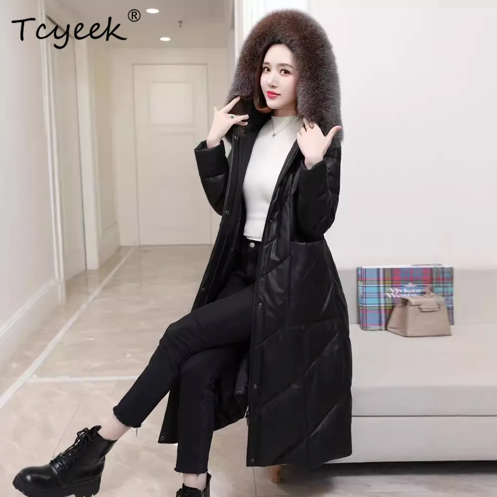 Tcyeek Pelle di pecora Piuma d'anatra bianca Autunno Inverno Con cappuccio Nero Giacca in vera pelle da donna di media lunghezza Жakiıyжаglas Куртка