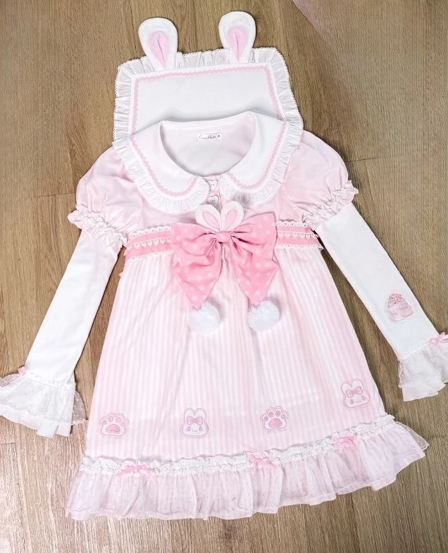 귀여운 토끼 사랑스러운 토끼 라이트 로리타 드레스 탈부착 가능한 소매 오리지널 레이스 소프트 걸 딸 드레스 Y2k 드레스