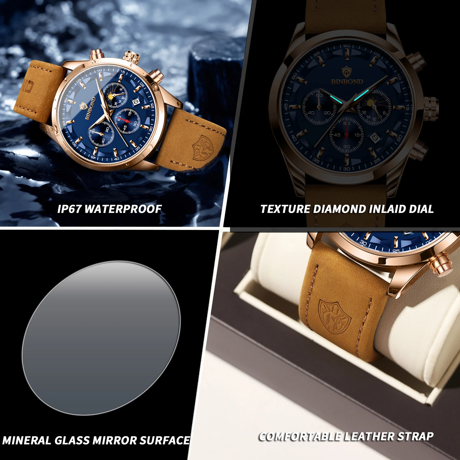 BINBOND Luxury Man Quartz Watch Waterproof Luminous Pointer Date Chronograph Leather Men Wristwatch Military Sports Male Watches