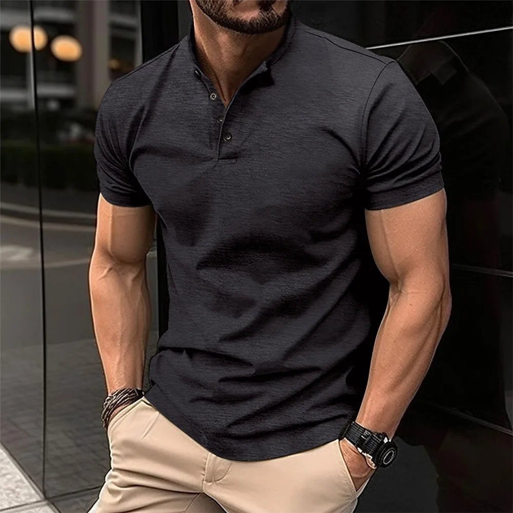 Summer Mens Casual Polo Shirt Henley Collar Solid Color Short Sleeve Polos Men Short Sleeve Tops Tees Anti Piling T Shirt