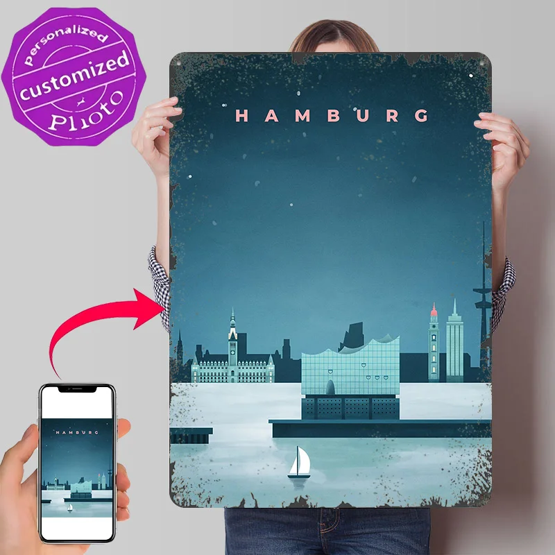 Hamburg Travel 3D Printed Texture Poster Personalized Wall Art Retro Metal Tin Signs for Home Decor Luxury Decoration Home Items