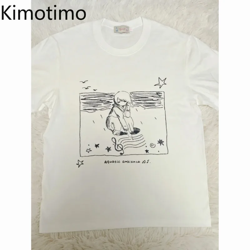 Kimotimo 2026 Summer White T-shirt Women Japanese Sweet Cute Anime Printed Short Sleeve Tops Vintage Y2k Aesthetic Casual Tees