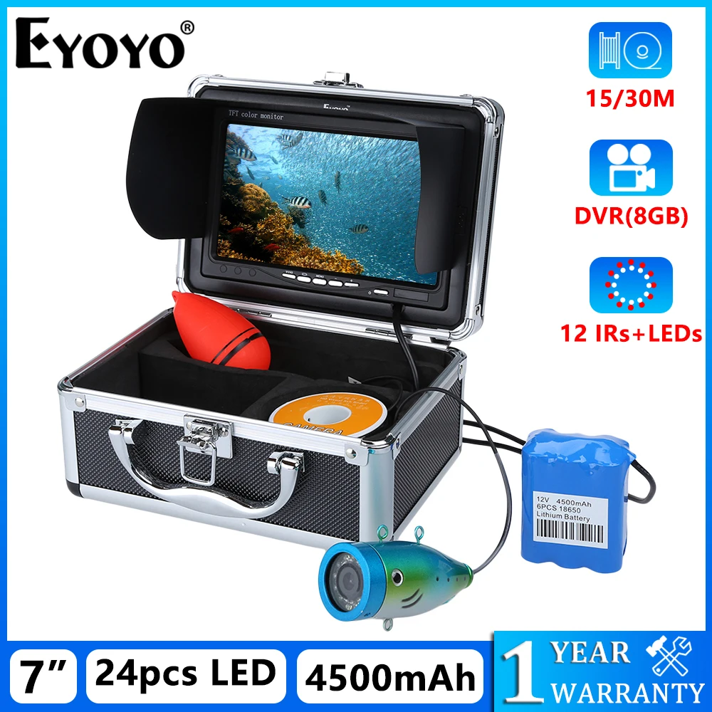 

Eyoyo 7" Color Monitor Fish Finder 15M/30M Underwater Fishing Camera 12 IR Lights and 12 White LEDs Color Night Vision 1000TVL