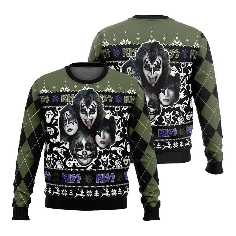 

Men's and Women's Winter Ugly Round Neck Sportswear KISS Band Christmas Printed Street Fashion Holiday Party T-shirt