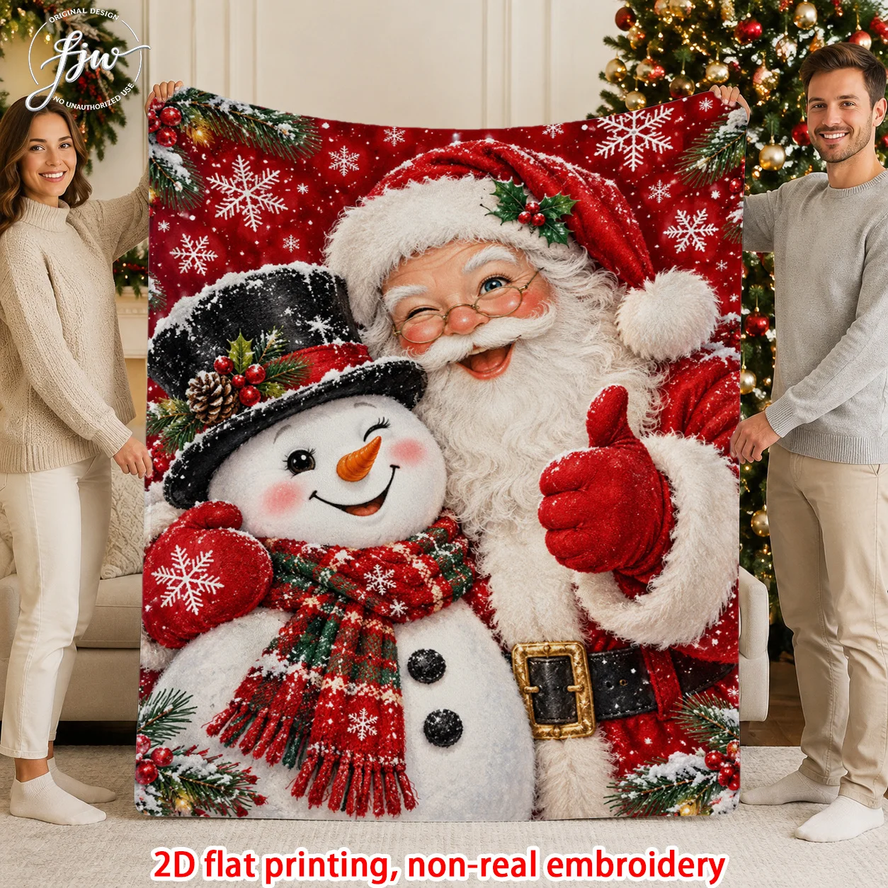 1pc 2D Flat Vintage Santa & Snowman Christmas Blanket, Ultra Cozy Throw for Bed, Sofa, Chair & Office, Travel & Outdoor