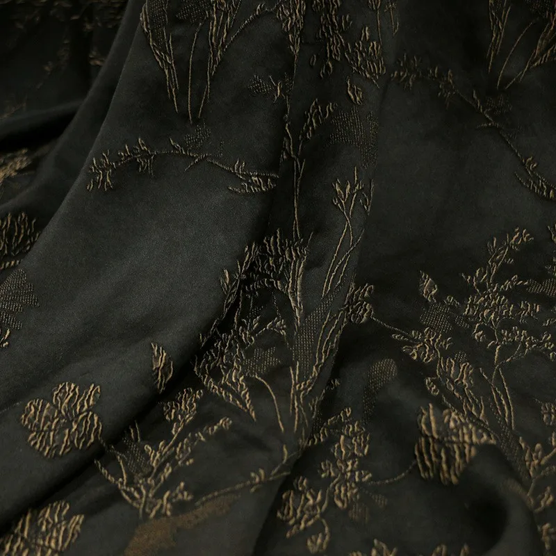 Elastic silk Crowne crepe jacquard gauze fabric designer ramie black coffee