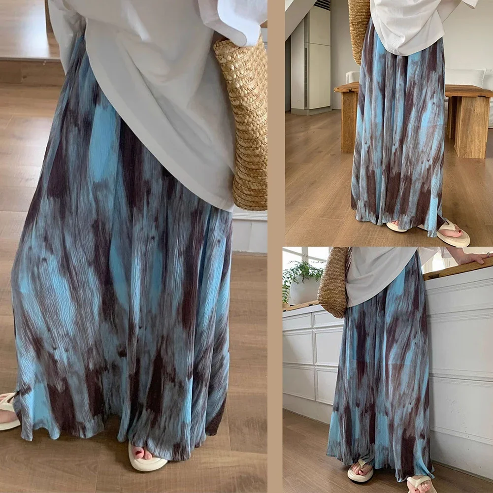 

Retro Tie Dye Women Holiday Style High Waist Slim Pleated Drape Wide Swing Skirt Ladies Fashion Maxi Skirts