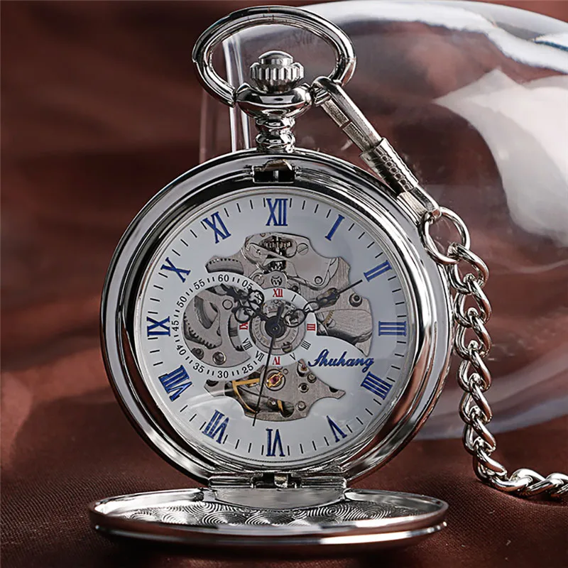 Vintage Silver Smooth Case Half Hunter Unisex Automatic Mechancial Pocket Watches with Roman Numbers Pendant Skeleton Chain Gift