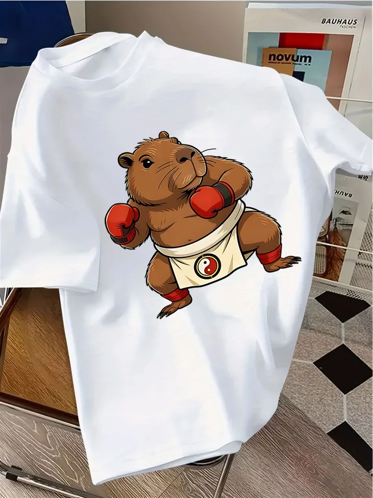 Men Pink Cotton Crew Neck Tee Kung Fu Boxing Capybara Tai Chi Symbol Cartoon Print Loose Short Sleeve Sport Casual Daily Shirts