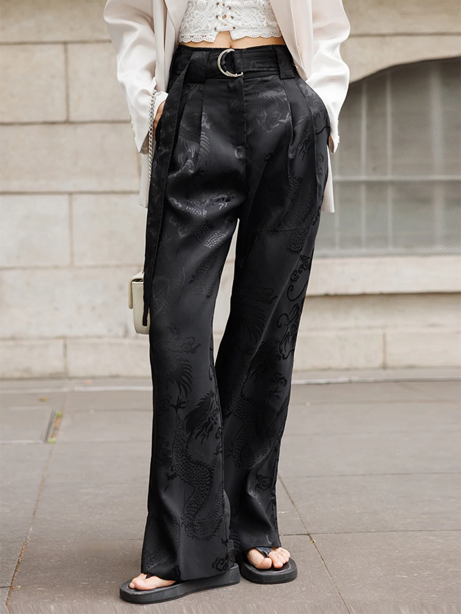 Women's 2026 New Style Dragon Pattern Wide Leg Casual Pants High Waist Polyester Fiber Drapey New Chinese Style Fashionable T...
