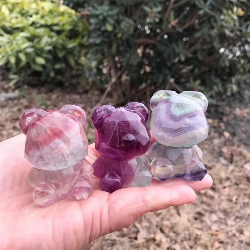 

Natural Fluorite Facet Bear Cartoon Carving Piece Healing Stone Tabletop Ornament Home Decor Children Gift 1pcs