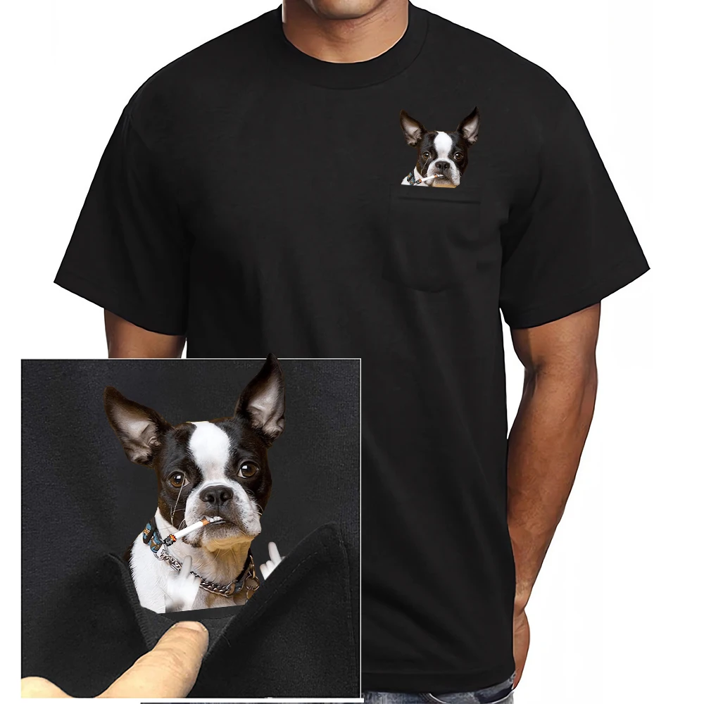 CLOOCL Animals Cotton T-Shirts French Bulldog Smoking Double Middle Finger Printed Pocket T-shirt Mens Women Short Sleeve Shirts