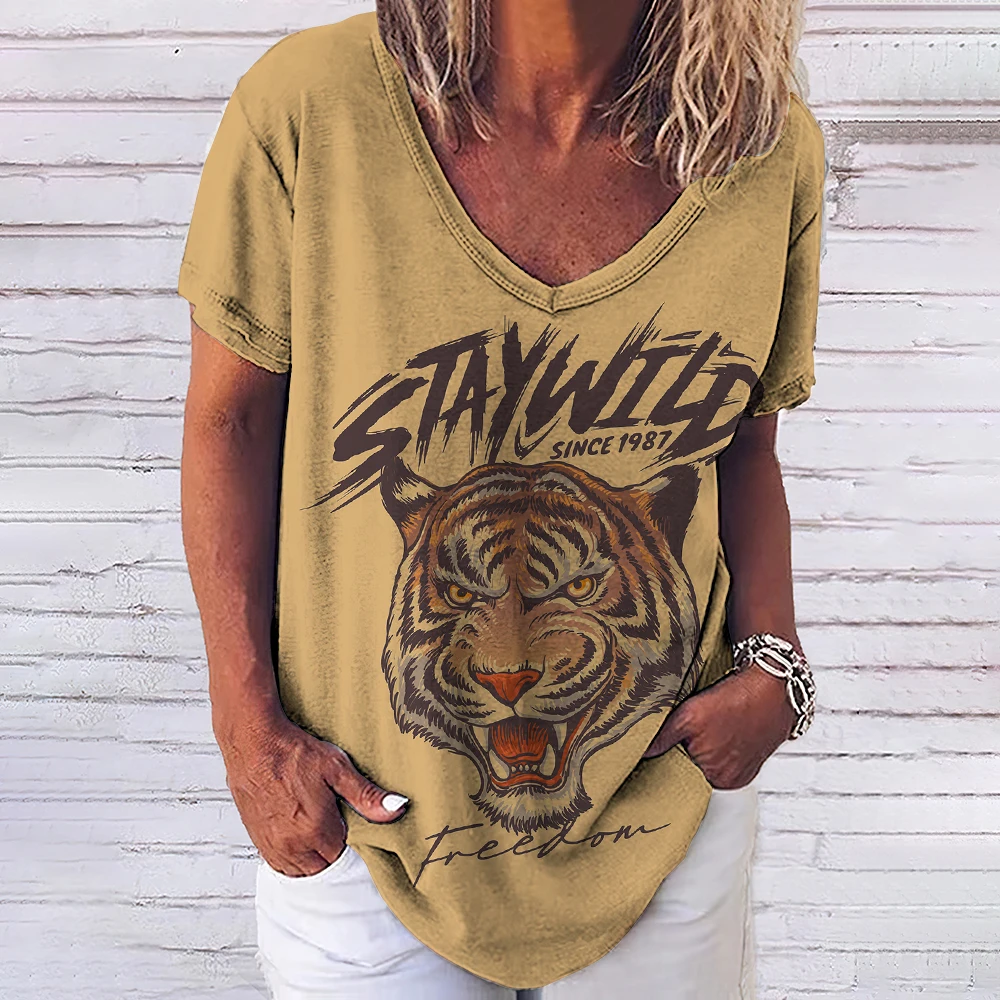 Summer V Neck Tee Shirt Tiger Printed Short Sleeve Top Casual Fashion Women's T-Shirt Street Harajuku Hip-Hop Female Clothes New