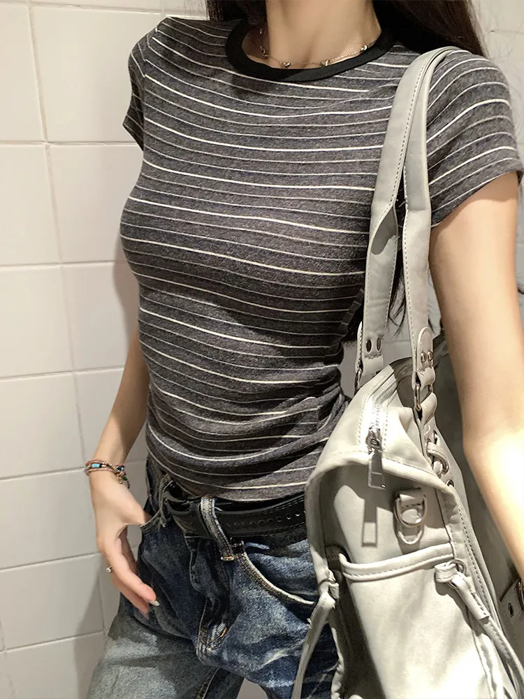 Striped Skinny Crew Neck Cropped Top Pullover T Shirts Women Short Sleeve Tees Summer Spring Tshirts Streetwear Roupas Feminina