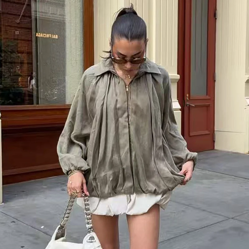 HXAO Women's Jackets Oversized Bomber Jacket Green Off White Outerwear Puff Plus Size Long Sleeve Coat Chic Elegant Loose Jacket view 6