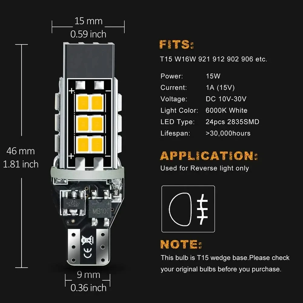 1PCS W16W T15 LED Bulbs Canbus Error Free LED Backup Light T16 921 912 W16W LED Bulbs Car Reverse lamp 6500K White Yellow red12V